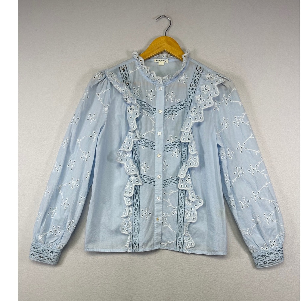 Ultra Pink Powder Blue Eyelet Ruffle Button-Up Blouse